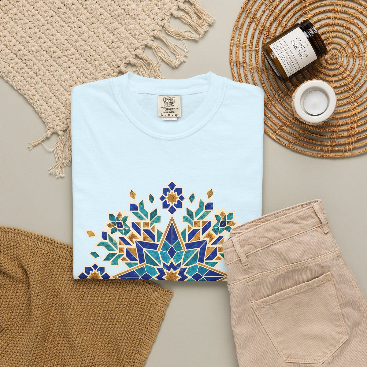 Moroccan Geometry Mandala T-shirt | Blue Floral Mosaic Tee