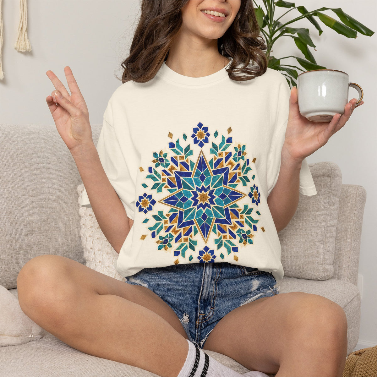 Moroccan Geometry Mandala T-shirt | Blue Floral Mosaic Tee