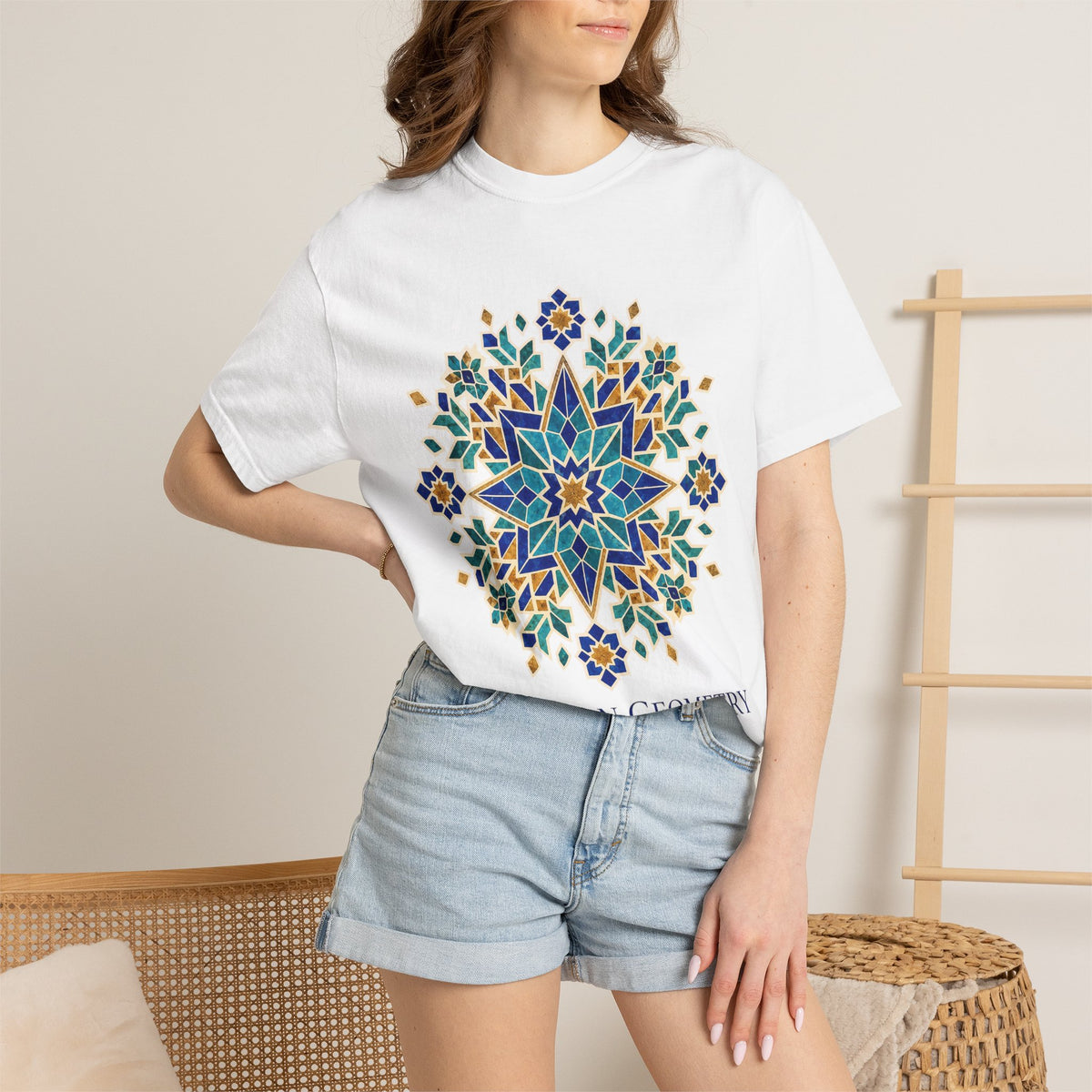 Moroccan Geometry Mandala T-shirt | Blue Floral Mosaic Tee
