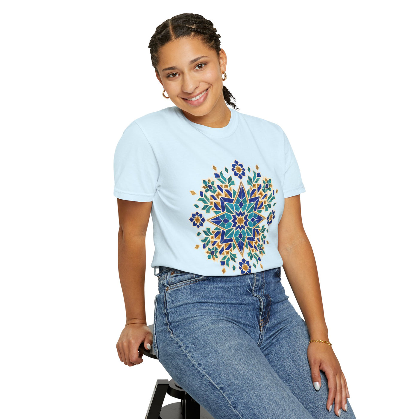 Moroccan Geometry Mandala T-shirt | Blue Floral Mosaic Tee