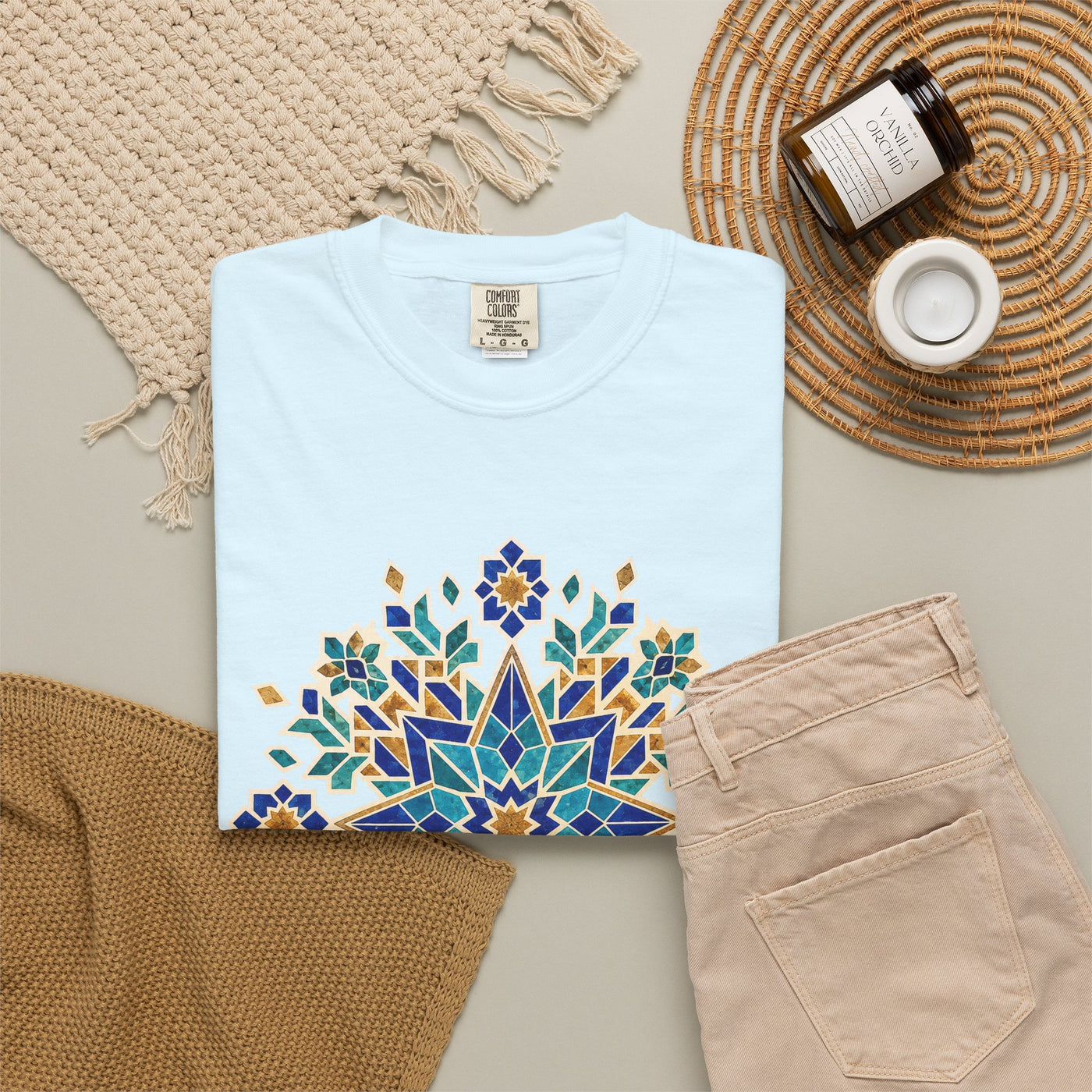 Moroccan Geometry Mandala T-shirt | Blue Floral Mosaic Tee